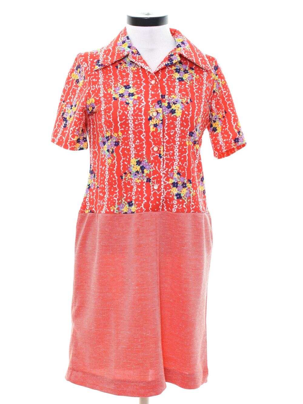 Vintage 70s Orange Red Floral Polyester Knit Drop Waist Shirt Dress Small/Medium